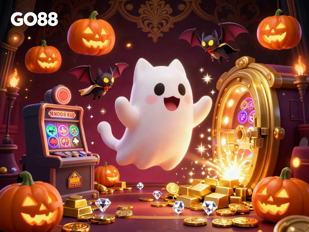 Experience thrilling gameplay at GO88, featuring a ghost cat and slot machines in a haunted casino setting.