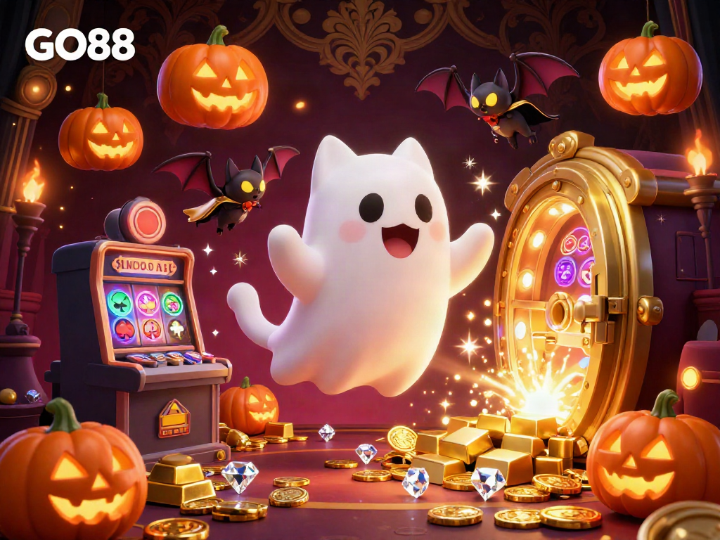 Experience thrilling gameplay at GO88, featuring a ghost cat and slot machines in a haunted casino setting.