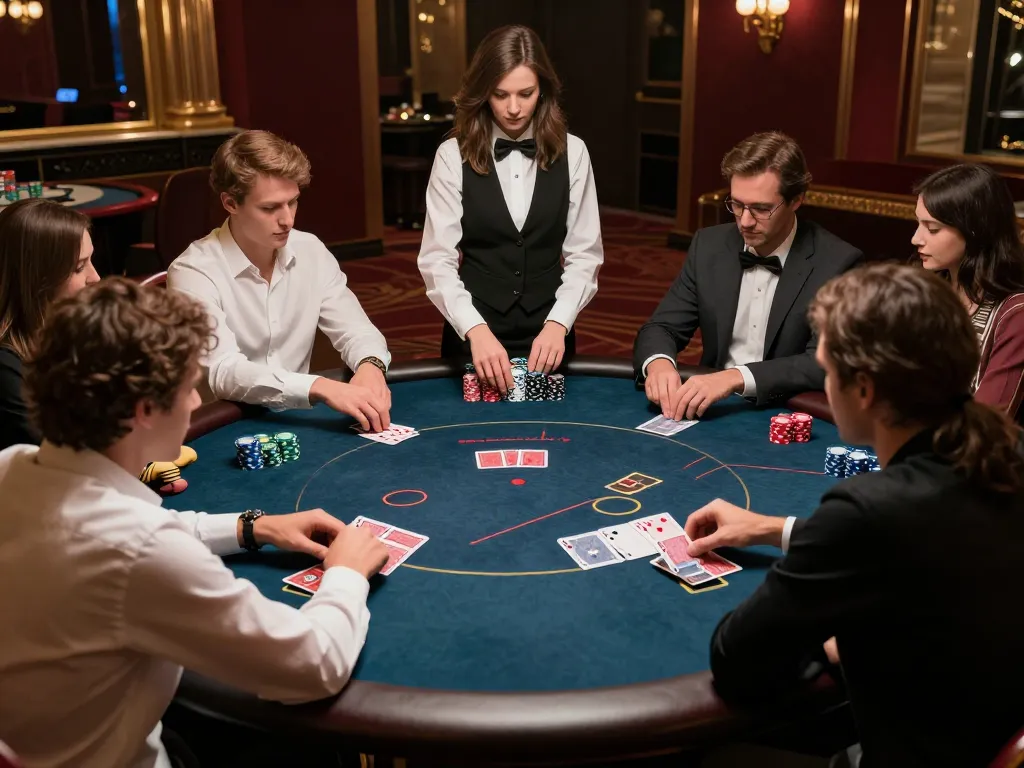 Exciting moment in poker game highlighting tỷ lệ cá cược bóng đá dynamics with players engaged and dealer managing