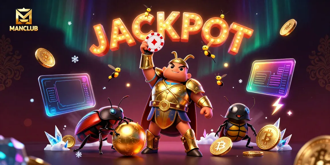 MANCLUB celebrates wins with a victorious beetle duo and jackpot fireflies in a vibrant casino scene.