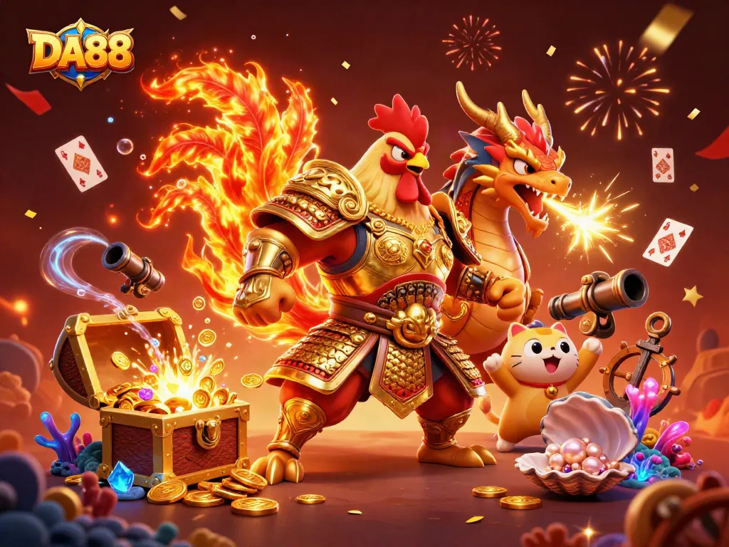 Experience exciting moments at DA88, where fearless characters battle amidst dazzling casino treasures.