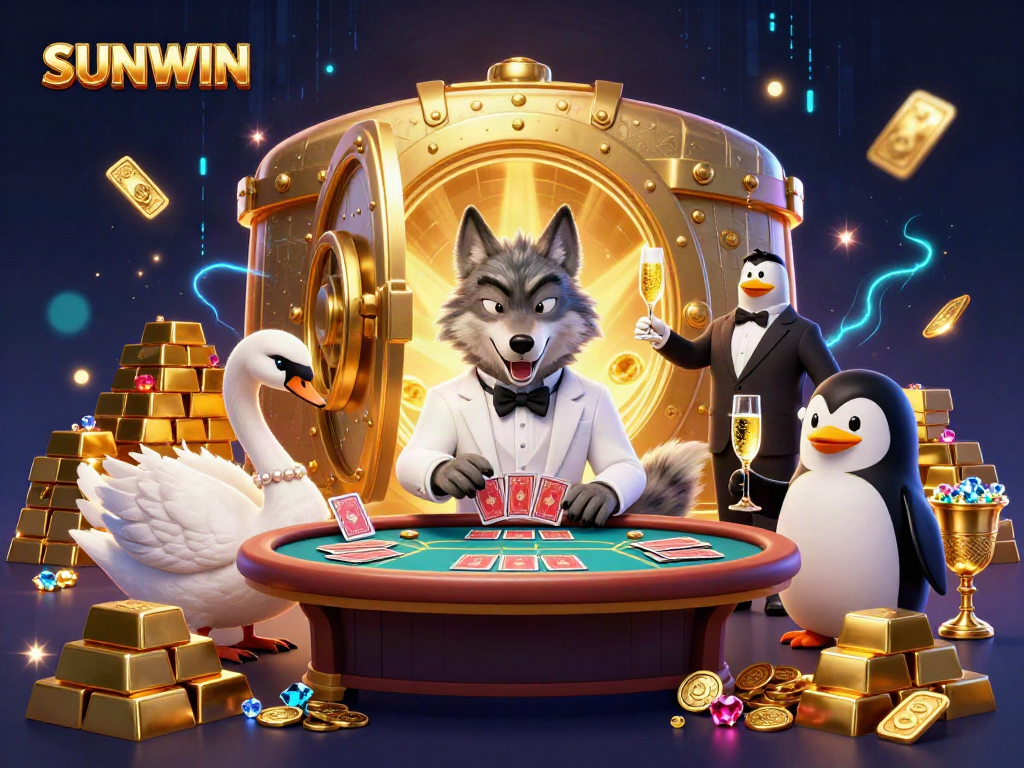 SUNWIN casino scene featuring a wolf, swan, and penguin characters engaging in baccarat with rich treasure elements.