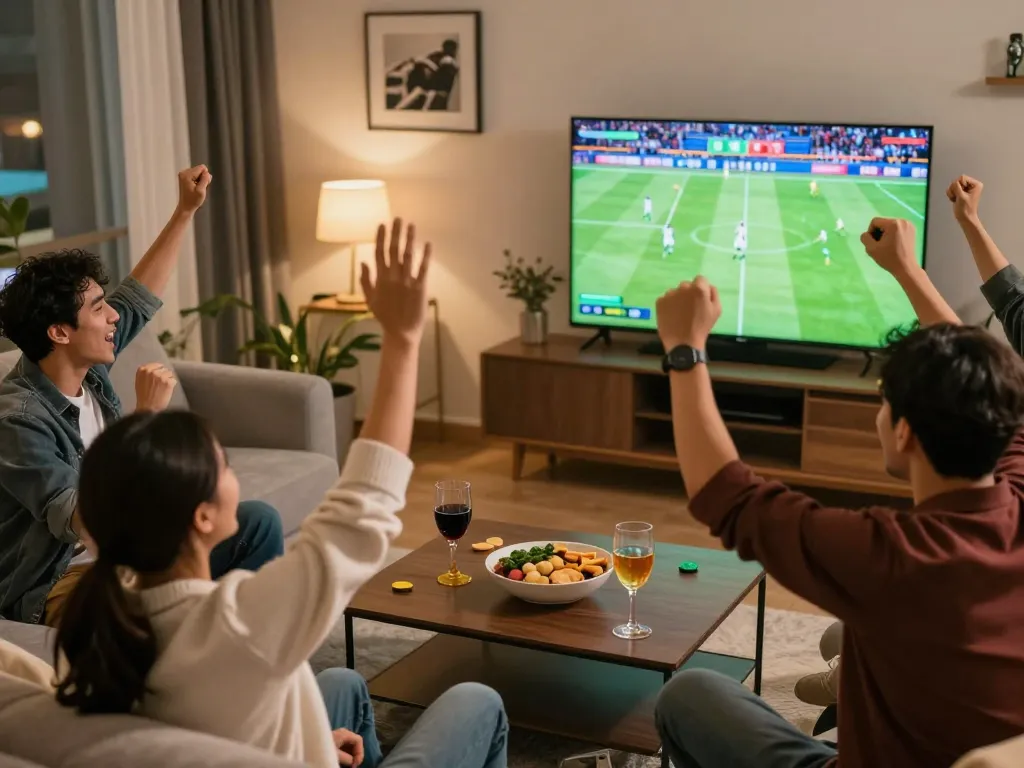 Socolive sports betting moments with friends celebrating a winning bet in a cozy living room