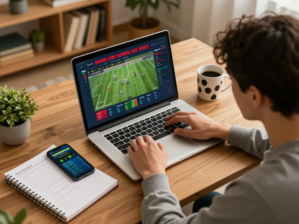 go8 user enjoying sports betting analysis on a laptop with strategic notes in a relaxed home setting
