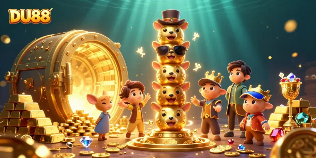 Join the winning experience at DU88 with vibrant casino elements and treasure in this lively illustration.