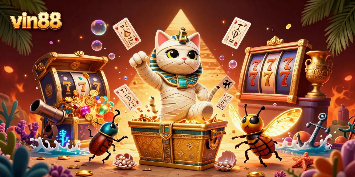 Experience the thrill of vin88 as the Egyptian mummy cat and scarab beetle reveal dazzling treasures.