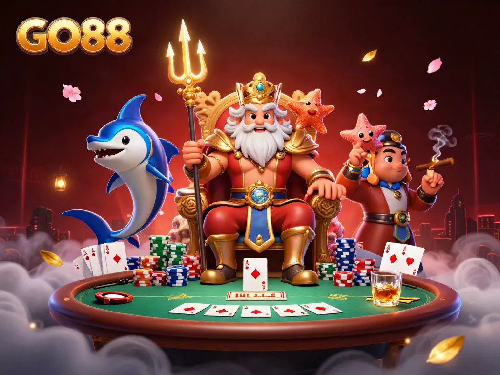 Experience exciting gameplay at GO88 with Neptune and poker elements in a casino-themed illustration.