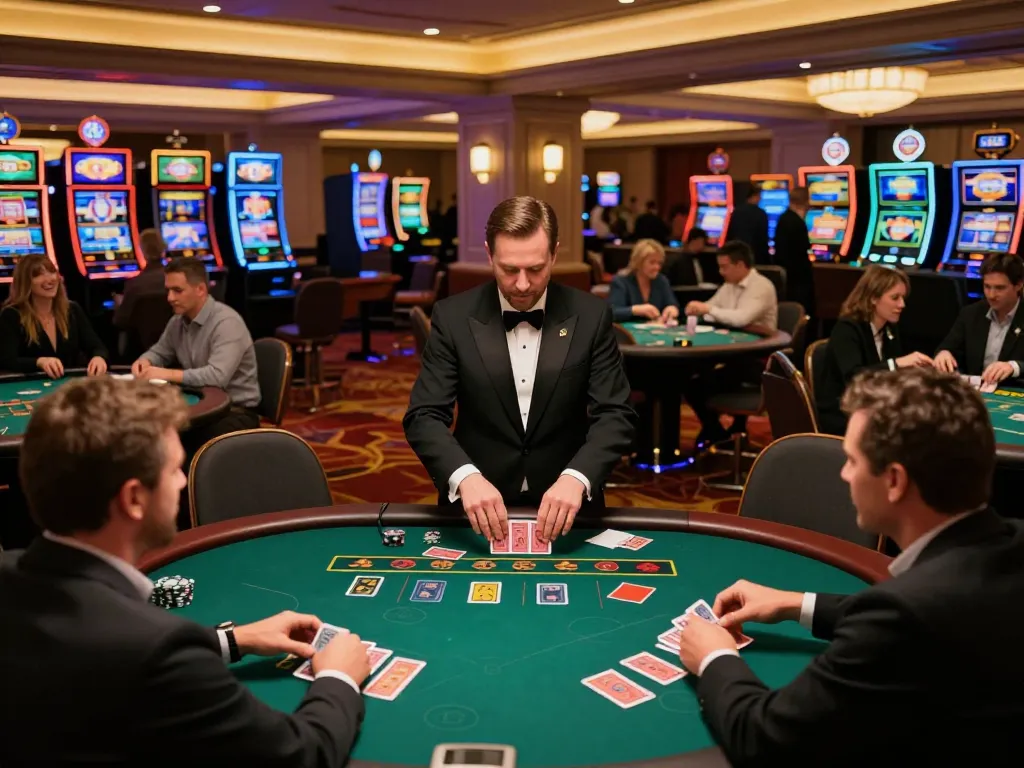 Players enjoying strategic gameplay at a vibrant casino floor, showcasing 555win com excitement and thrilling atmosphere.