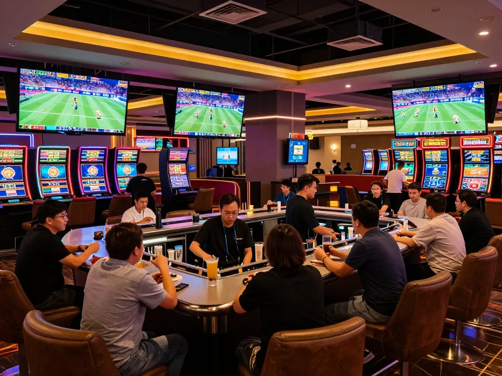 Excited bettors placing wagers at 33win sports betting lounge filled with vibrant screens.