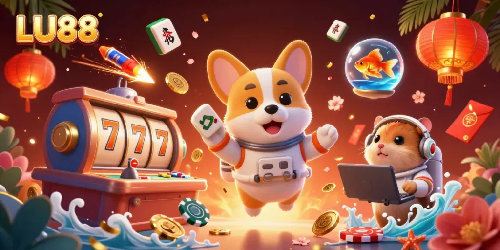 LU88 slots adventure in a vibrant space casino with floating characters and game elements.