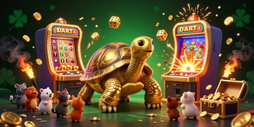 Engage with DEBET's vibrant casino universe, featuring a golden tortoise pinball machine in action.