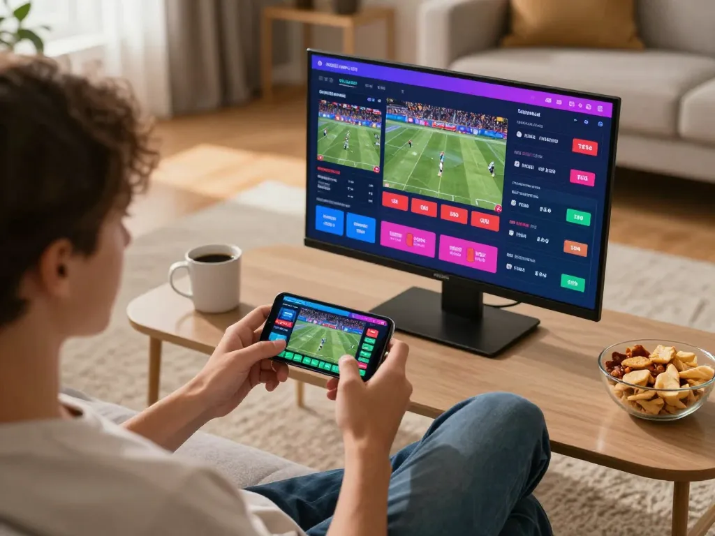 Betting on mm88 through smartphone in a cozy home setting, showcasing engaging sports events.