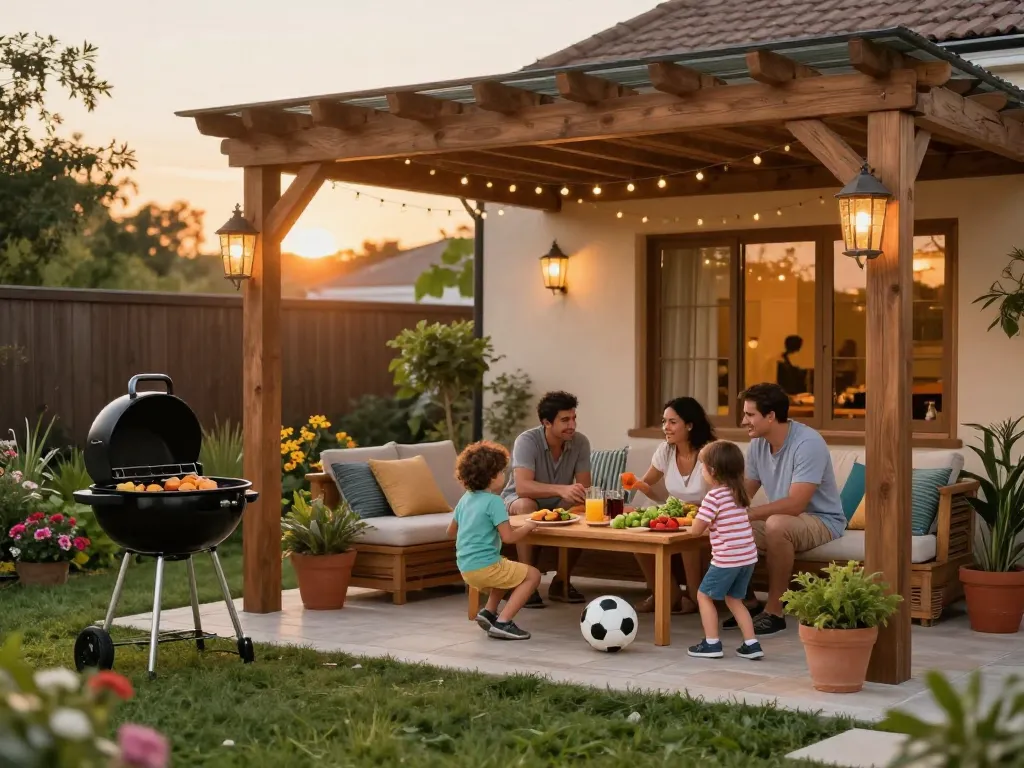 Family enjoying a barbecue under a custom configuratore pergola online, highlighting outdoor living space.