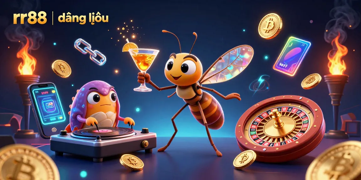 Engage in thrilling gameplay at rr88 | đăng nhập with a vibrant casino scene featuring lively characters and neon crypto elements.