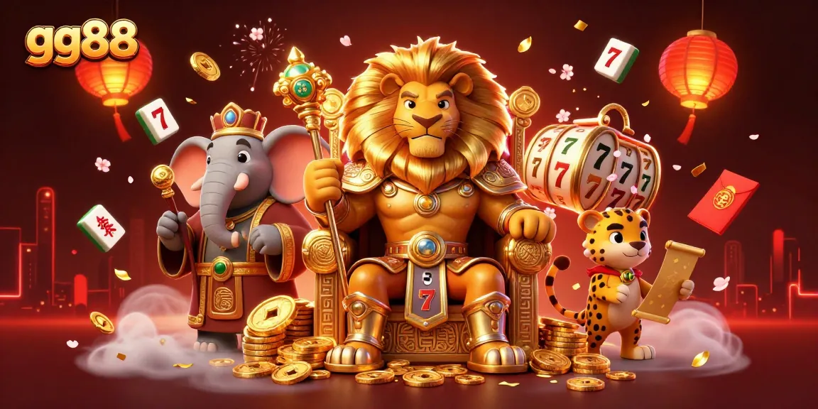 Engage in thrilling gameplay with gg88 in a vibrant 3D casino illustration featuring majestic characters and slot elements.