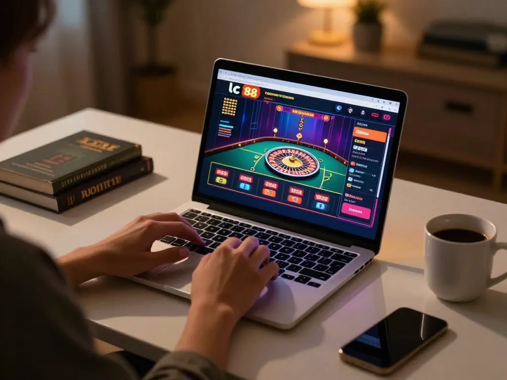 Engaging scene of a player enjoying lc 88 games at home, using a laptop for online casino gameplay.