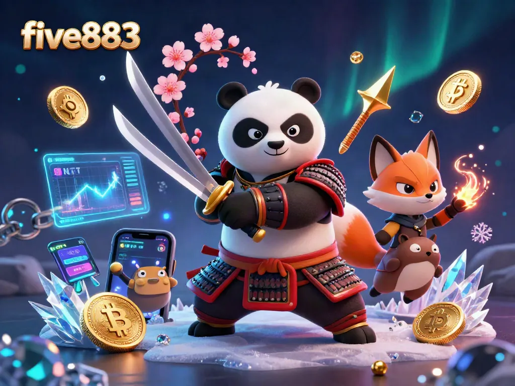 Experience thrilling wins at five883 with a samurai panda and ninja fox in this vibrant casino scene.