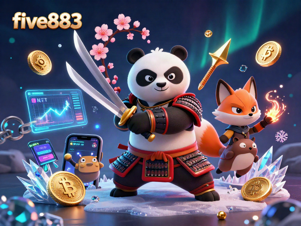Experience thrilling wins at five883 with a samurai panda and ninja fox in this vibrant casino scene.