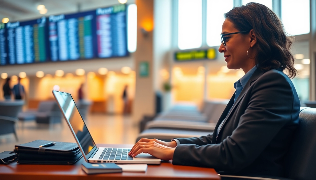Complete your eta application uk efficiently with a traveler in a modern airport lounge.