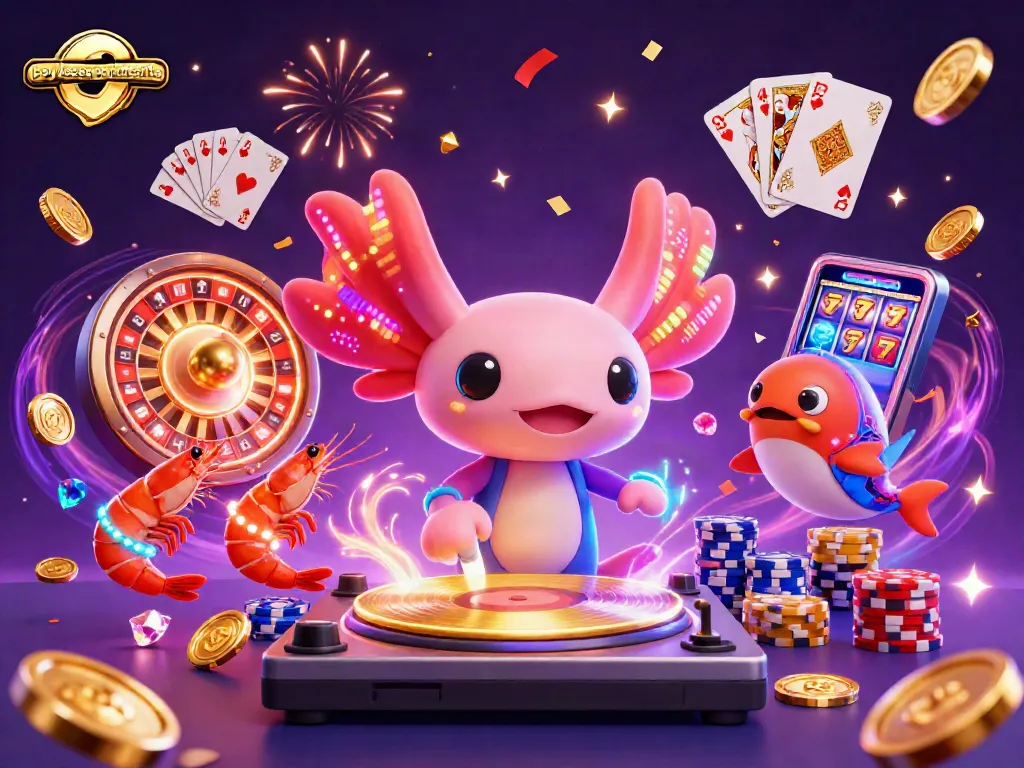 Engage with paylessapartments as the neon axolotl DJ spins at a vibrant casino party scene.