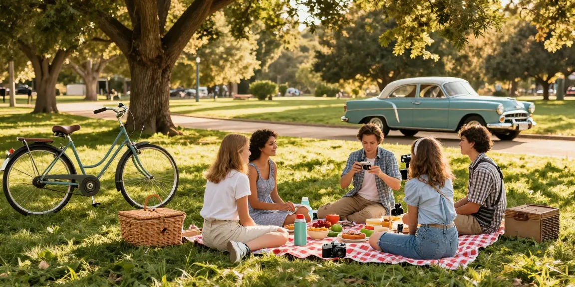Friends enjoying a vintage picnic at a park, featuring rokok88-themed nostalgia with picnic gear, greenery, and classic cars.