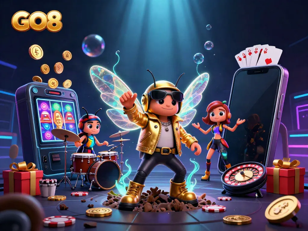 Experience the vibrant world of GO8 with a dynamic casino scene featuring a cicada rock star and game elements.