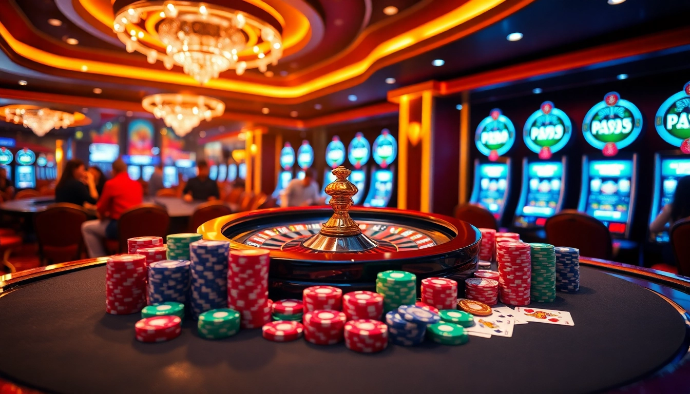 Experience thrilling gameplay at PS99 with a vibrant casino setting showcasing roulette and poker.
