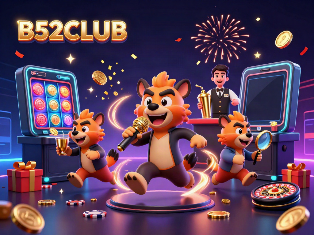 Engage with B52CLUB's vibrant casino experience featuring hyenas in a comedy club scene.