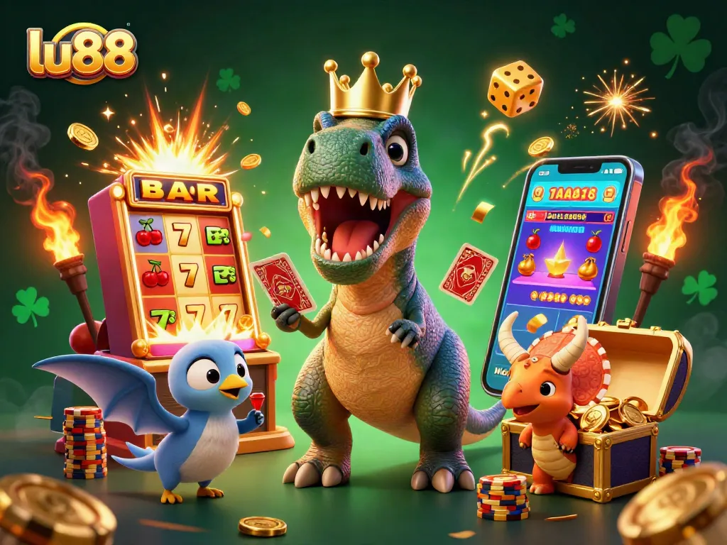 Experience thrilling games at lu88 with a vibrant casino scene featuring unique 3D characters and action-packed elements.
