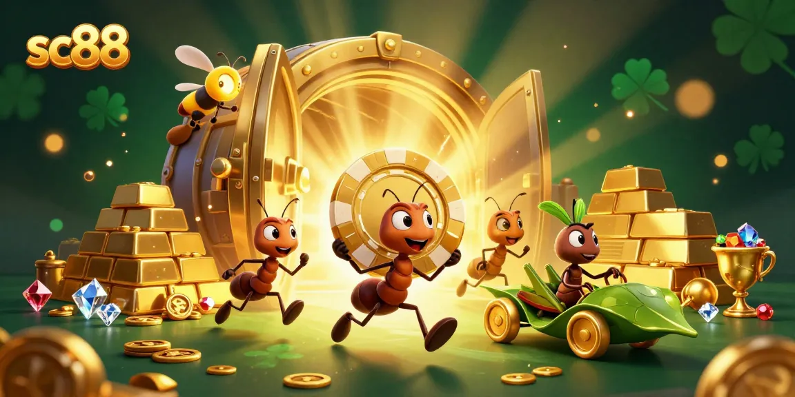 sc88 showcasing a dynamic heist scene with ants, poker chip, and dazzling treasure.