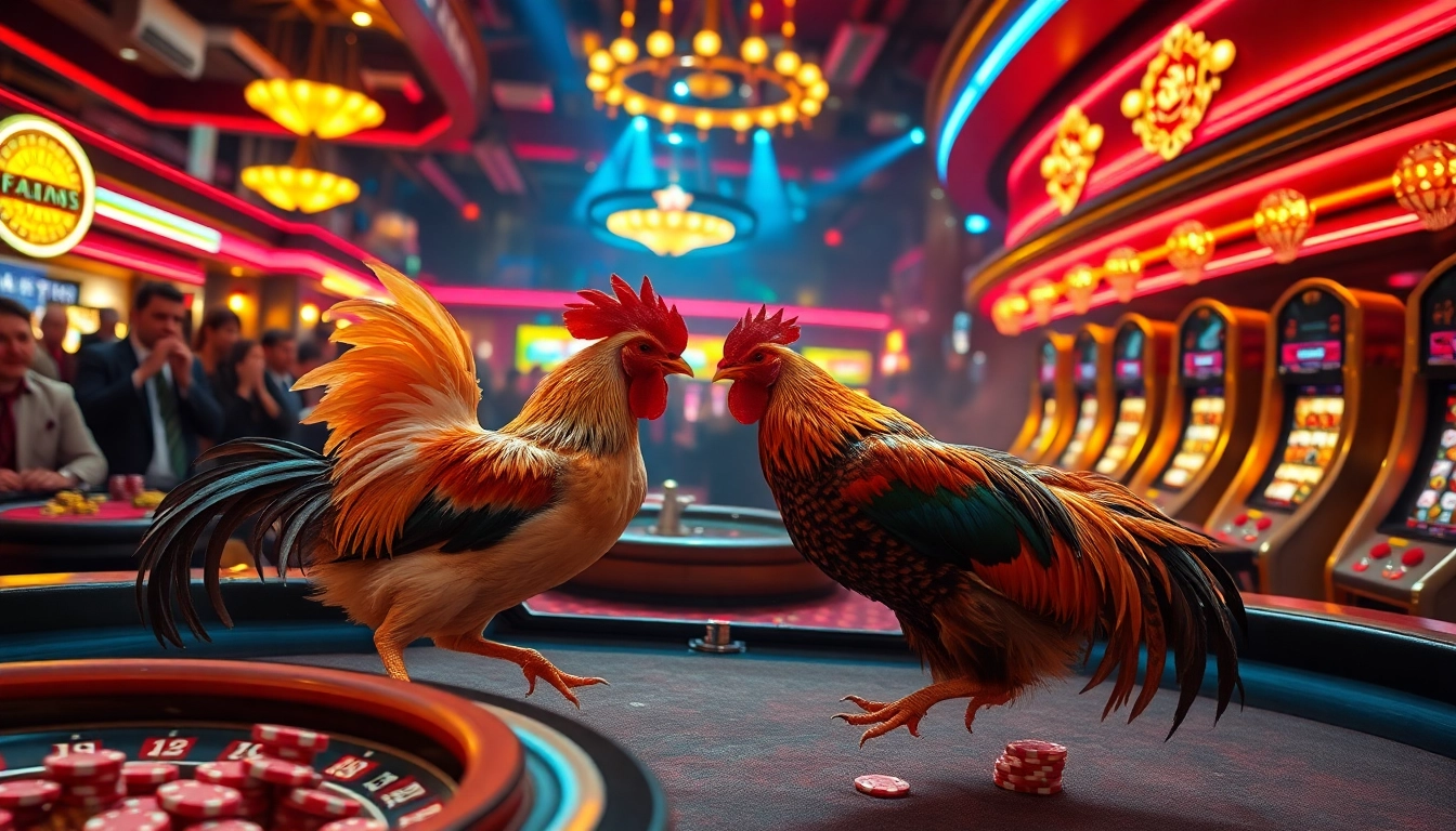 Exciting đá gà go8 rooster fights in a vibrant casino atmosphere with spectators.