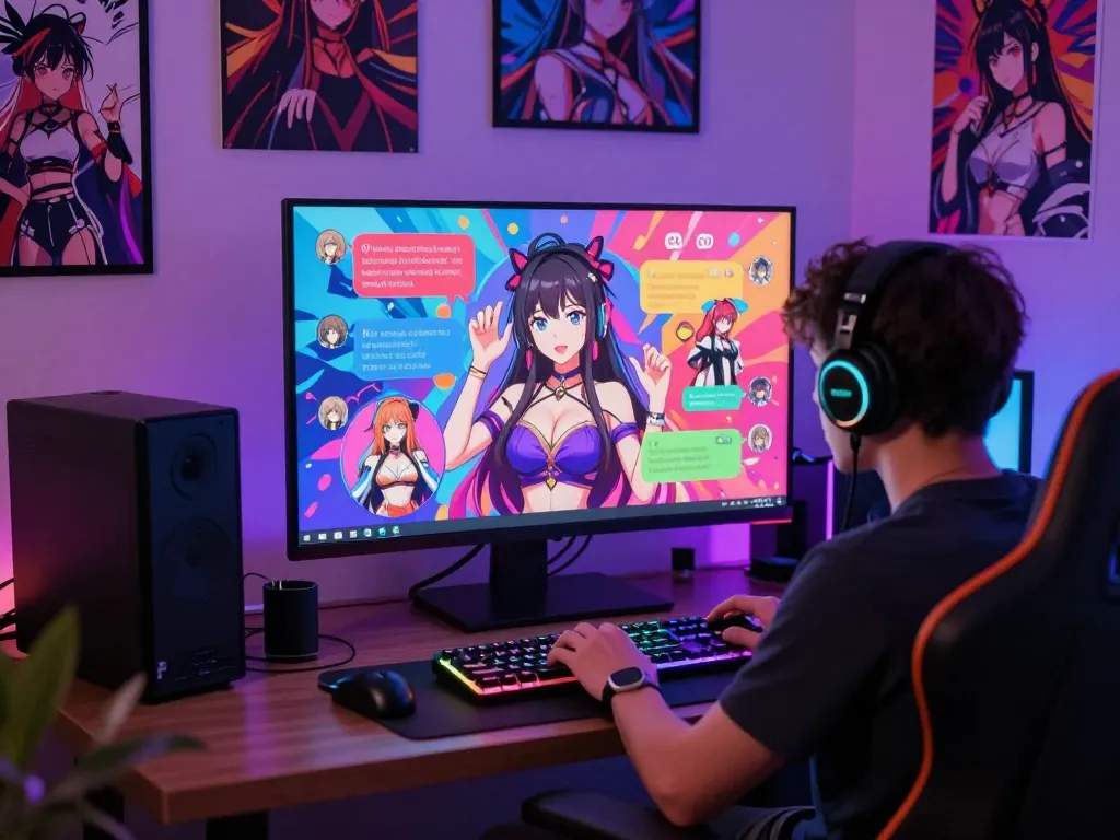 Engaging user enjoying hentai AI chat on a vibrant screen surrounded by anime art.