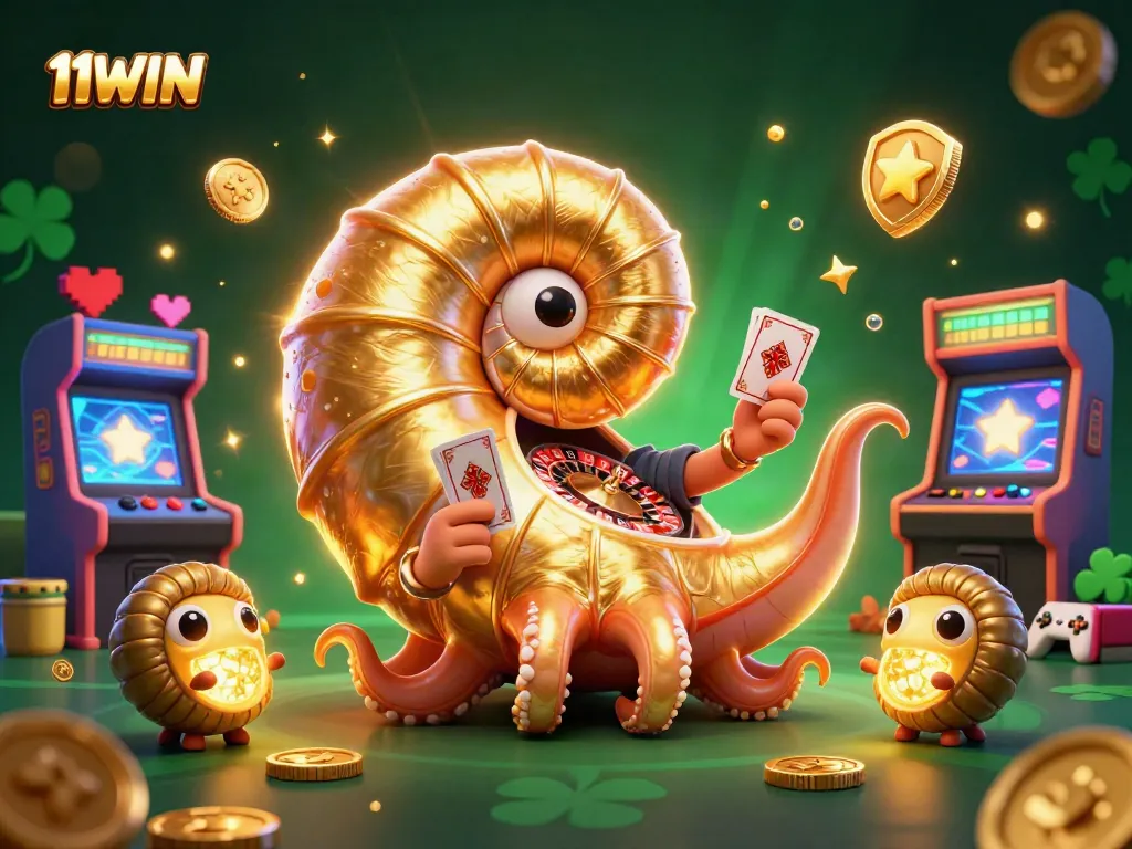 Experience 11WIN's vibrant casino world with a giant nautilus roulette and glowing games.