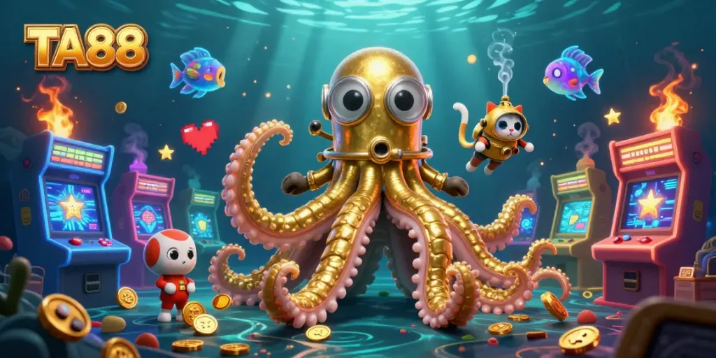 Catch exciting winnings with TA88 in a vibrant underwater casino adventure featuring a kraken and a diving cat.