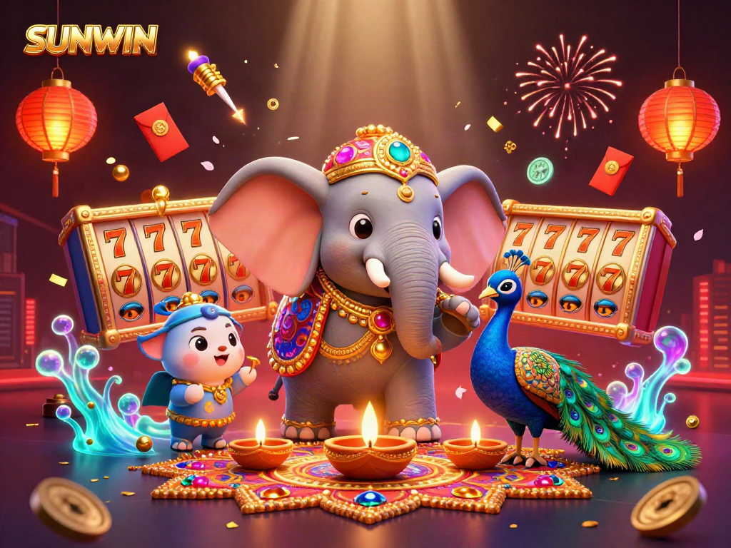 SUNWIN enhances gaming with colorful slot reels, lucky symbols, and festive characters in an immersive scene.
