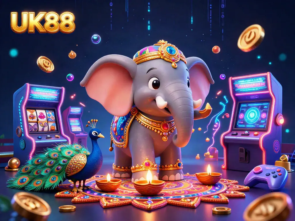 Engage with UK88’s dynamic gambling scene featuring a colorful 3D elephant, games, and vibrant elements.