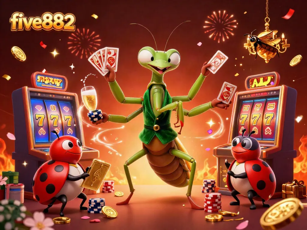 Experience thrilling wins at five882 with a card sharp mantis and a ladybug pit boss in a vibrant casino.