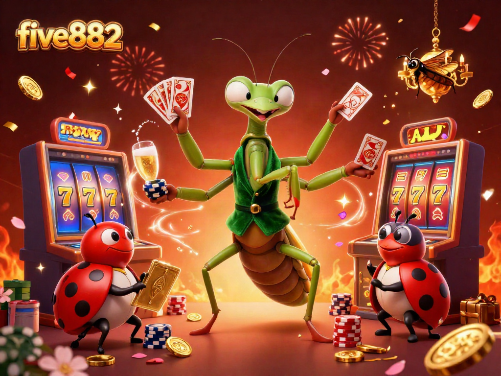 Experience thrilling wins at five882 with a card sharp mantis and a ladybug pit boss in a vibrant casino.