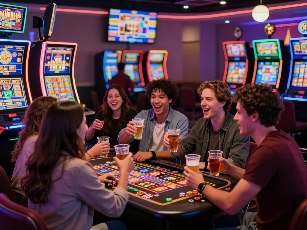 Diverse players celebrating a jackpot win at Nohu casino, vibrant slot machines and festive atmosphere.
