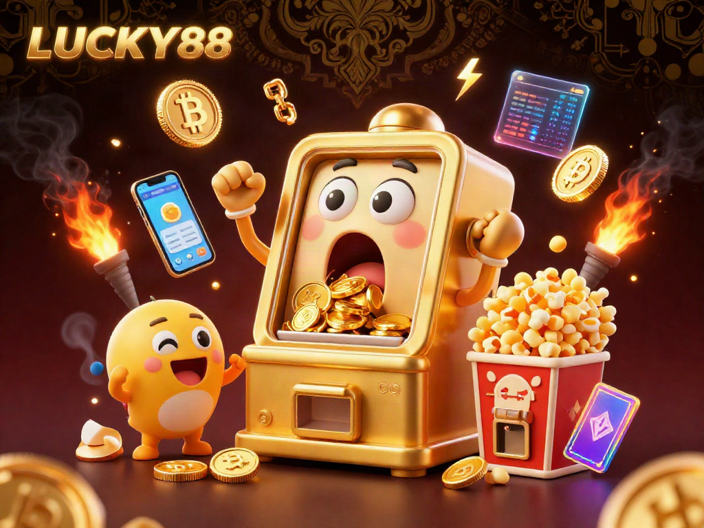 LUCKY88 slot machine celebrating a jackpot with coins and cheers in an engaging digital casino atmosphere.