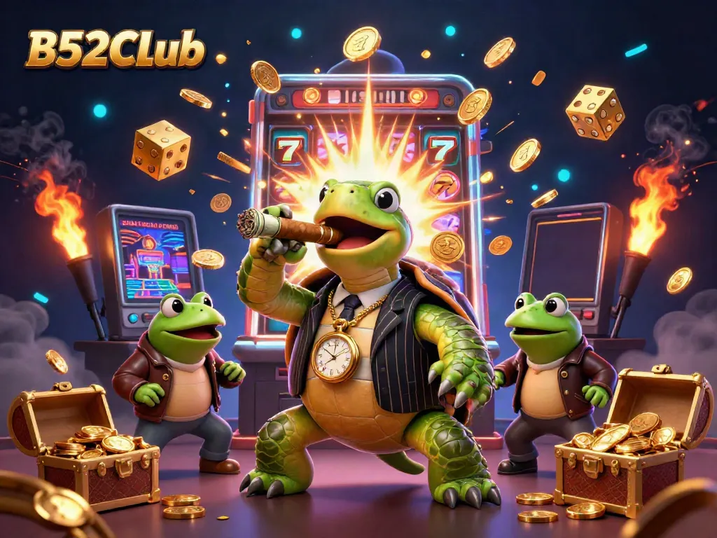 B52CLub showcases a vibrant casino scene with a turtle in a mobster suit and jackpot elements bursting.