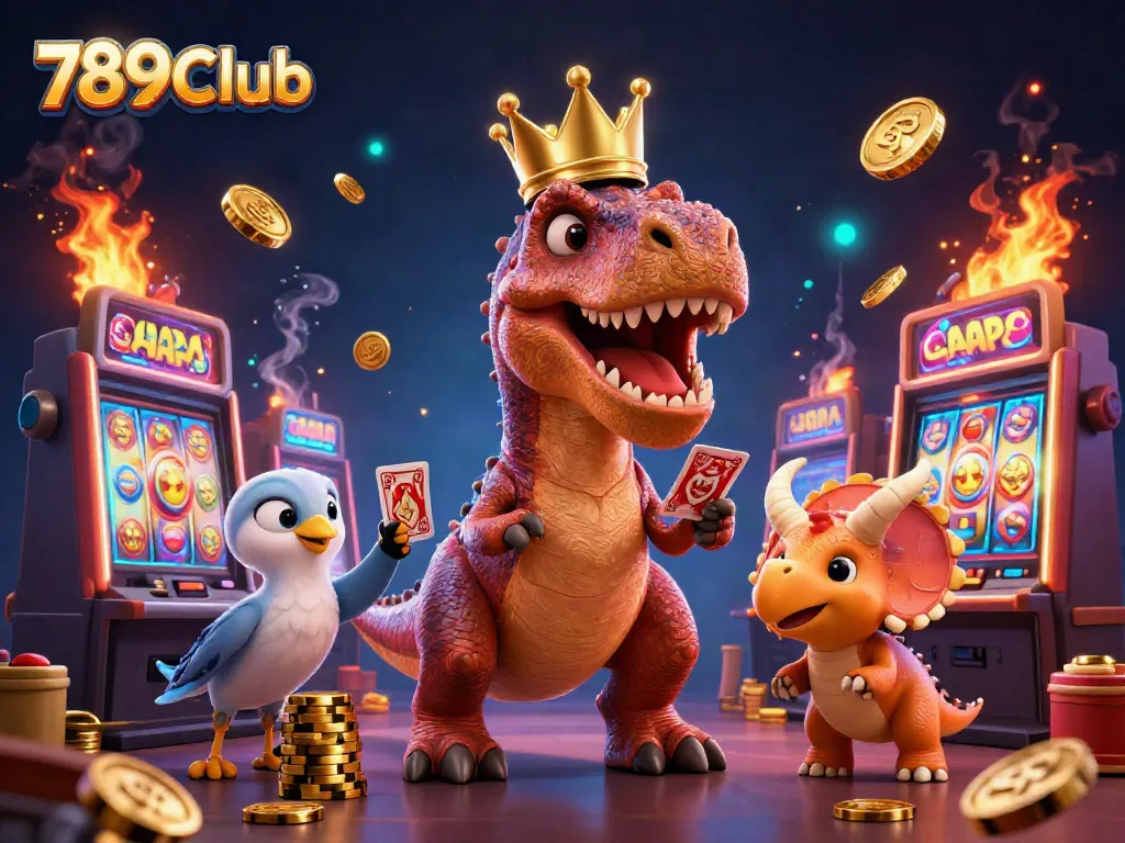Experience the thrill of gameplay at 789CLub with vibrant characters spinning slot reels and stacking chips.