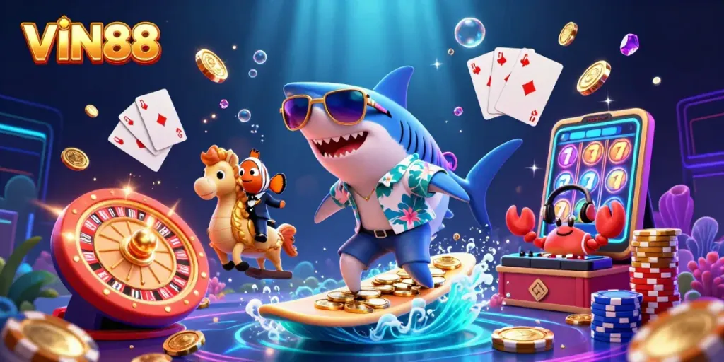 Experience fun at VIN88 with a surfing shark and casino games in a vibrant underwater scene.
