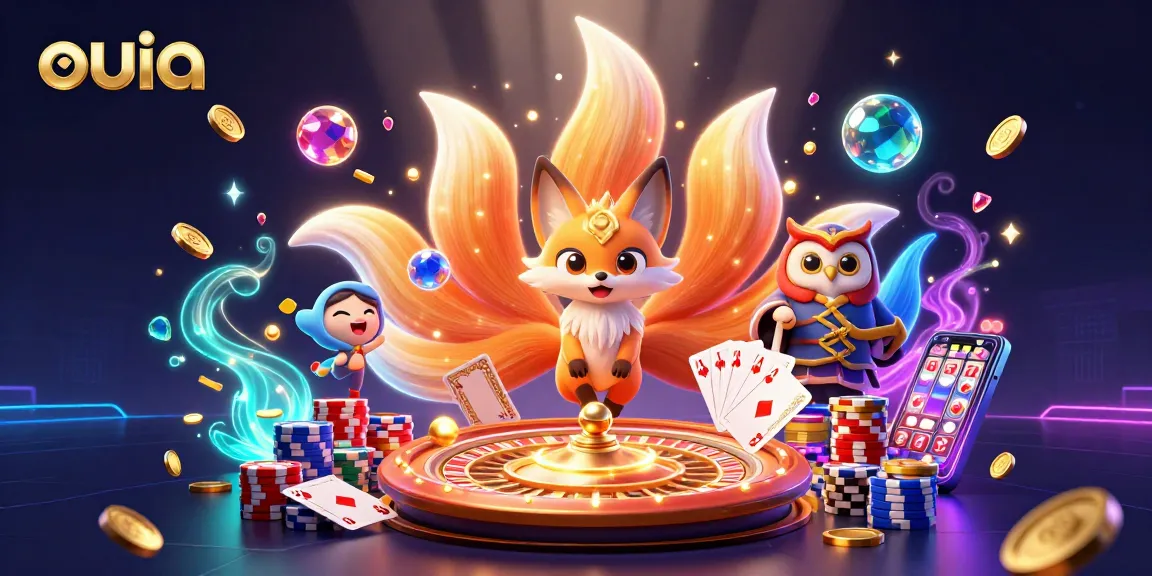 Engage with ouia at the vibrant online casino, showcasing a colorful nine-tailed fox spirit and exciting gaming elements.