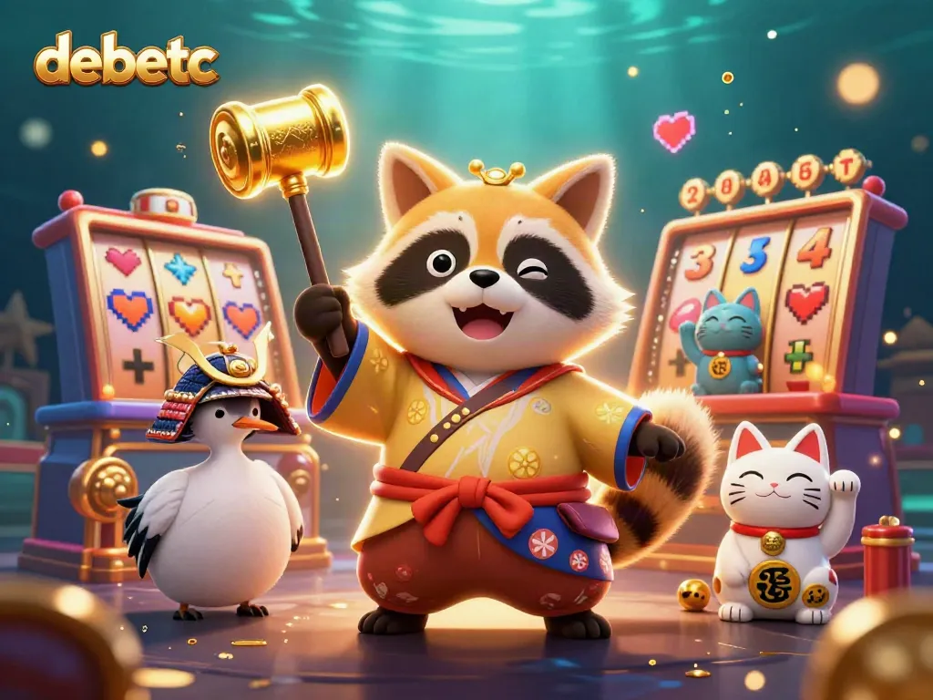Experience joyful gaming with debetc, featuring a cheerful tanuki and colorful slot elements.