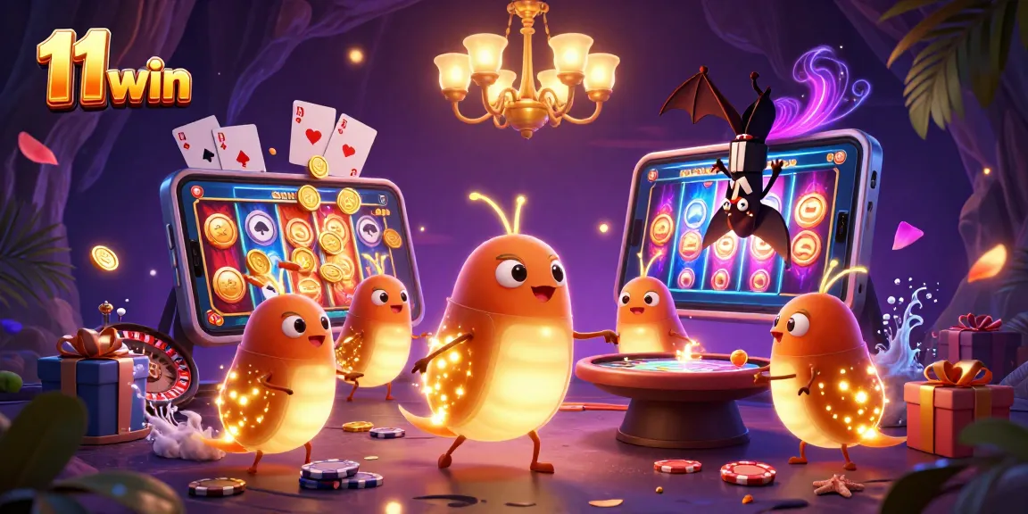 Experience the excitement of 11 win with a lively cave casino scene featuring glowworms and vibrant gaming elements.
