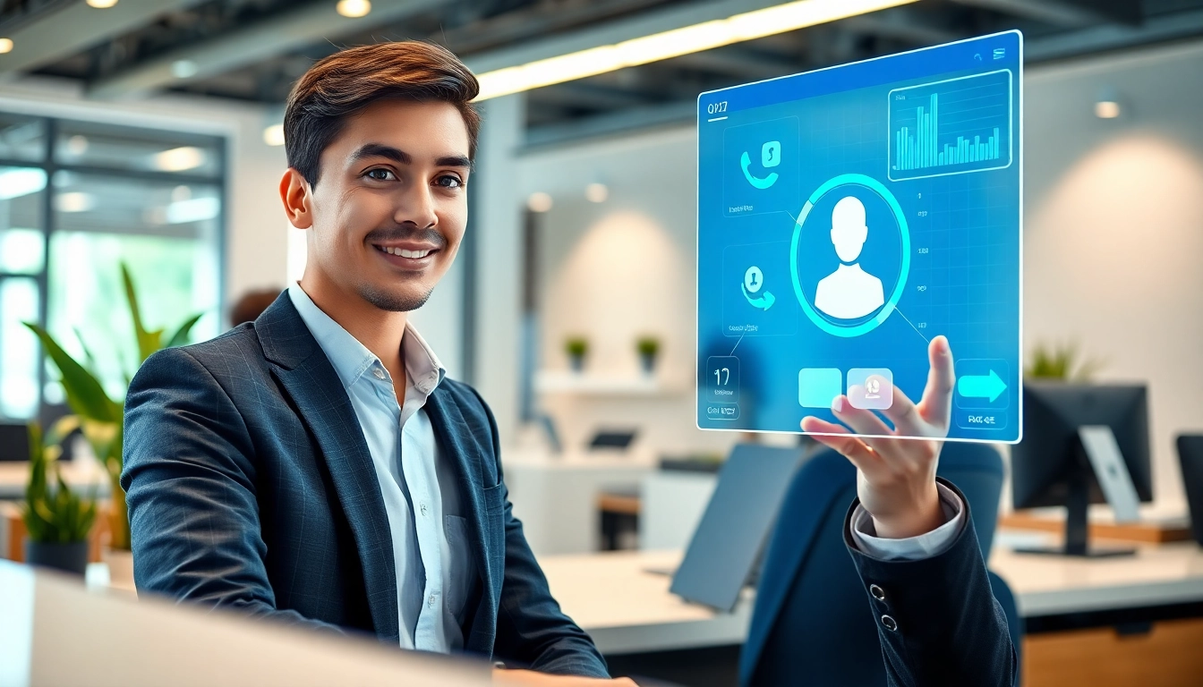 AI Receptionist engaging with advanced technology in a contemporary office setting.
